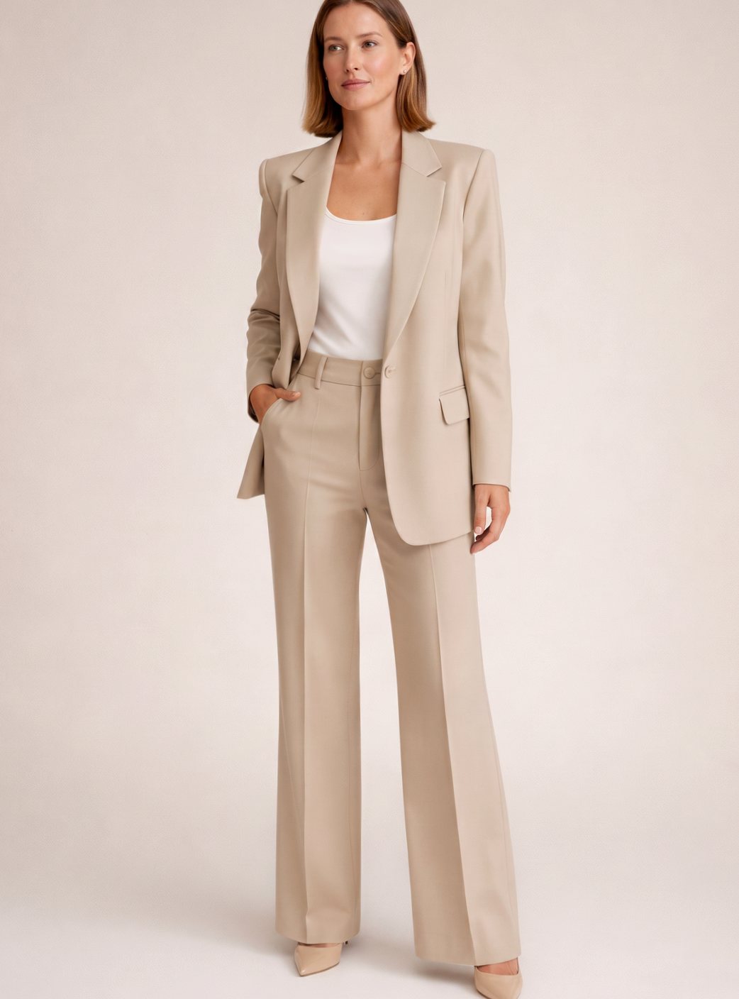Women's Single-Button Blazer and Wide-Leg Flare Trousers Set