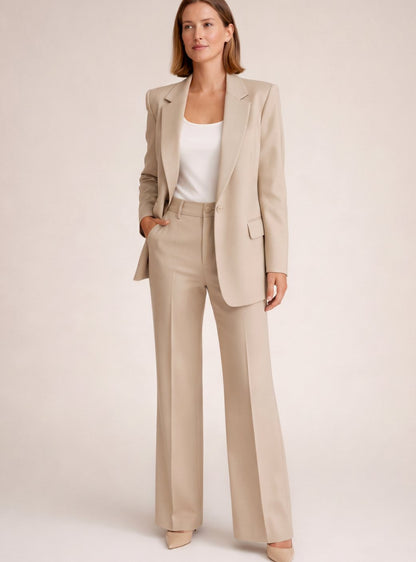 Women's Single-Button Blazer and Wide-Leg Flare Trousers Set