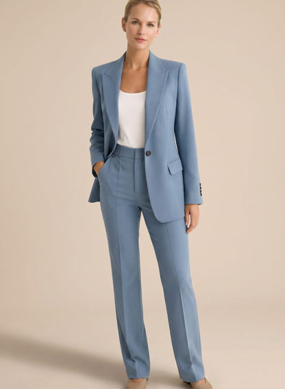 Women's Single-Button Blazer and Wide-Leg Flare Trousers Set