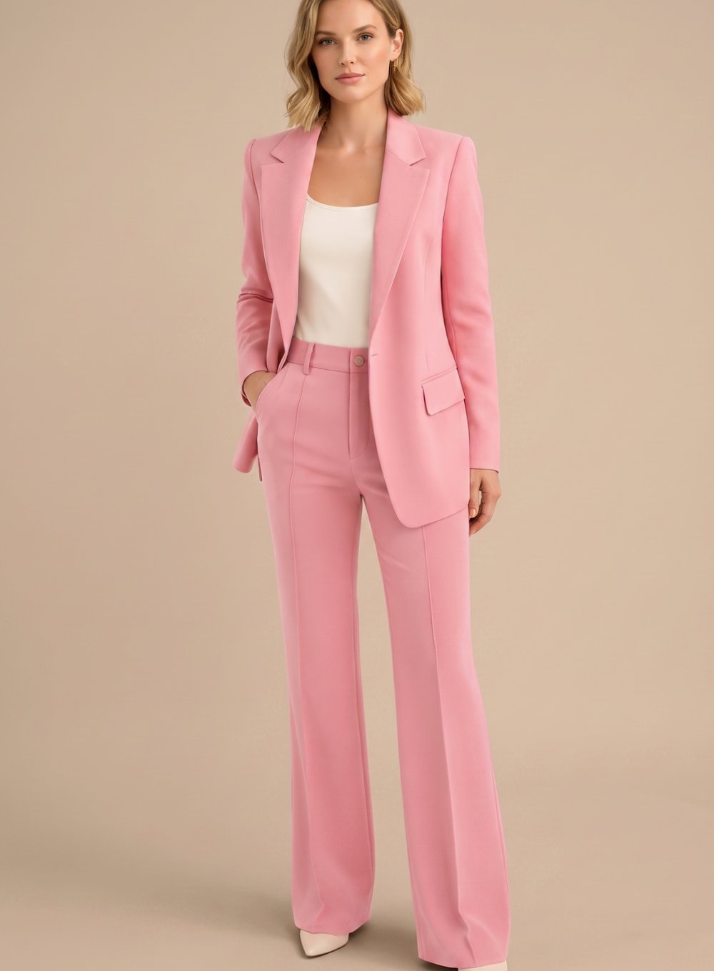 Women's Single-Button Blazer and Wide-Leg Flare Trousers Set