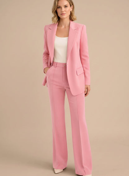 Women's Single-Button Blazer and Wide-Leg Flare Trousers Set