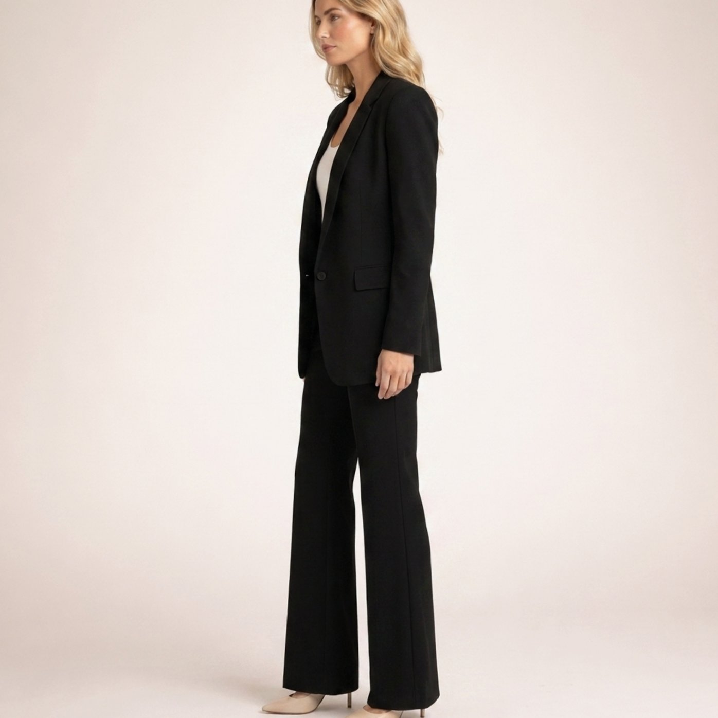 Women's Single-Button Blazer and Wide-Leg Flare Trousers Set