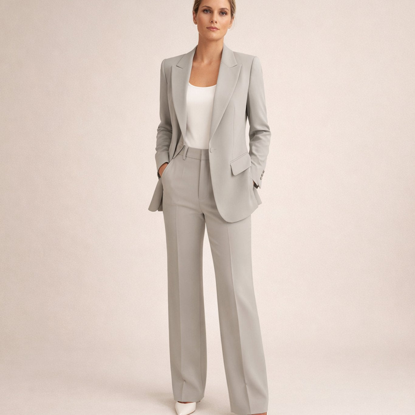 Women's Single-Button Blazer and Wide-Leg Flare Trousers Set