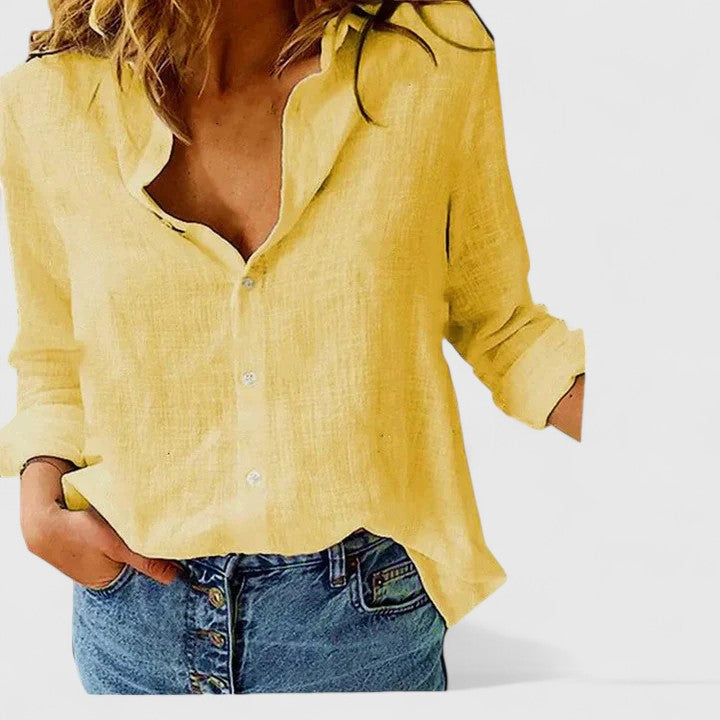 Lapel Collar Long Sleeve Button-Down Blouse